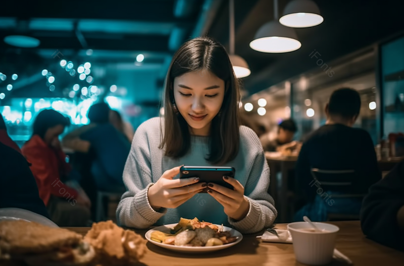 在西餐厅用餐时一名年轻女子微笑着用手机拍摄餐桌上刚上桌的食物,高清,摄影图,摄影图片,图片大全,摄影图免费下载